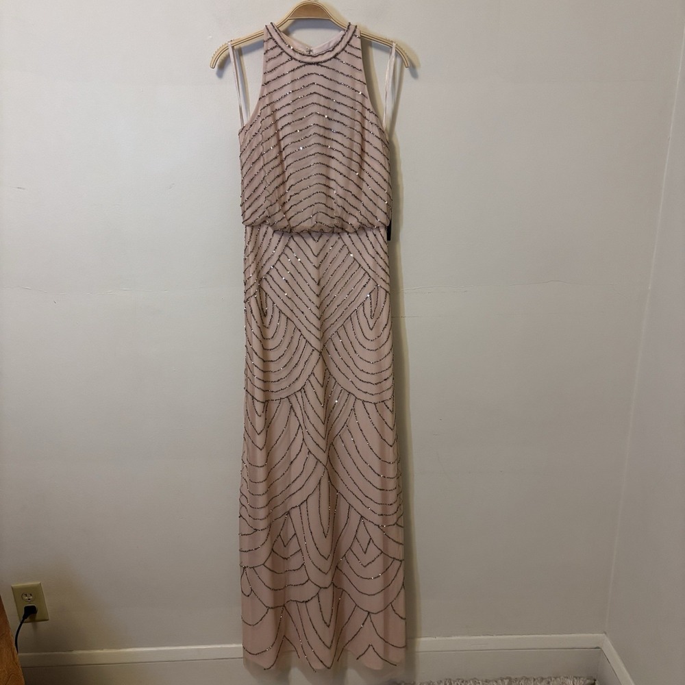NEW Adrianna Papell Beaded Halter Blouson Evening Gown 0 Pink Prom Formal